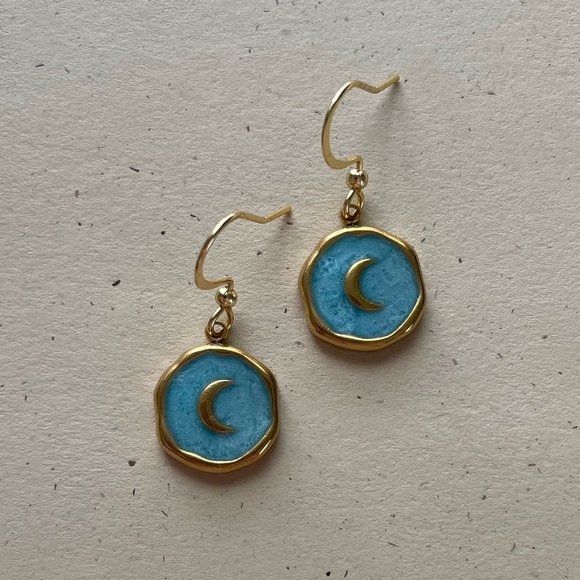 Gold Blue Moon Charm Earrings - Picture 3 of 4